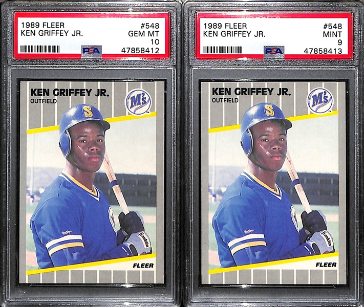 Lot of (4) 1989 Ken Griffey Jr. Cards w. Fleer #548 PSA 10, Fleer PSA 9, Fleer PSA 9 ST, and Donruss PSA 7