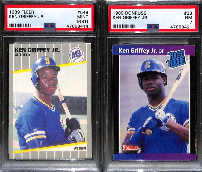Lot of (4) 1989 Ken Griffey Jr. Cards w. Fleer #548 PSA 10, Fleer PSA 9, Fleer PSA 9 ST, and Donruss PSA 7