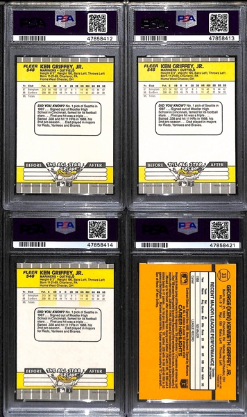 Lot of (4) 1989 Ken Griffey Jr. Cards w. Fleer #548 PSA 10, Fleer PSA 9, Fleer PSA 9 ST, and Donruss PSA 7