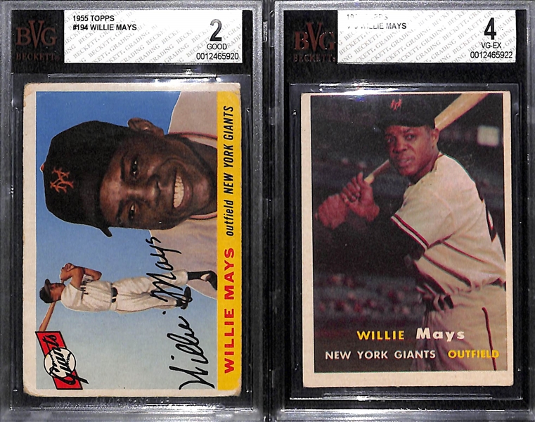 Lot of (2) Willie Mays Graded Cards - 1955 Topps (#194) BVG 2 and  1957 Topps (#10) BVG 4 