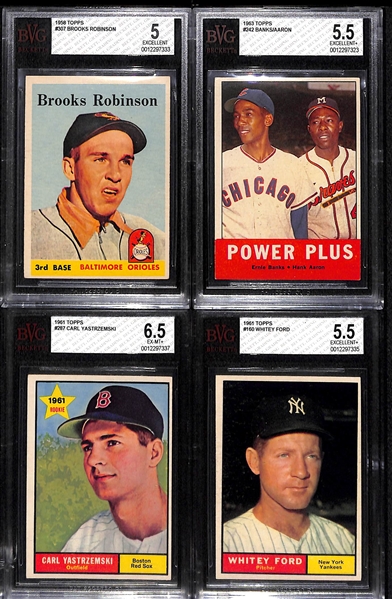 (4) Topps HOFer Graded Cards - 1958 B. Robinson BVG 5, 1963 Aaron/Banks BVG 5.5, 1961 Yaz BVG 6.5, 1961 Ford BVG 5.5