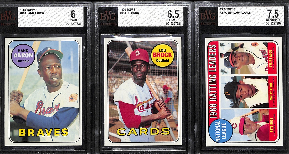 (3) 1969 Topps Graded Cards - 1969 Hank Aaron BVG 6, 1969 Lou Brock BVG 6.5, 1969 Pete Rose/M. Alou/F. Alou Batting Leaders BVG 7.5