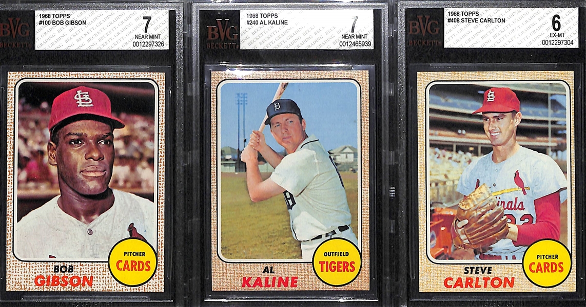(3) 1968 Topps Graded Cards - 1968 Bob Gibson BVG 7, 1968 Al Kaline BVG 7, 1968 Steve Carlton BVG 6