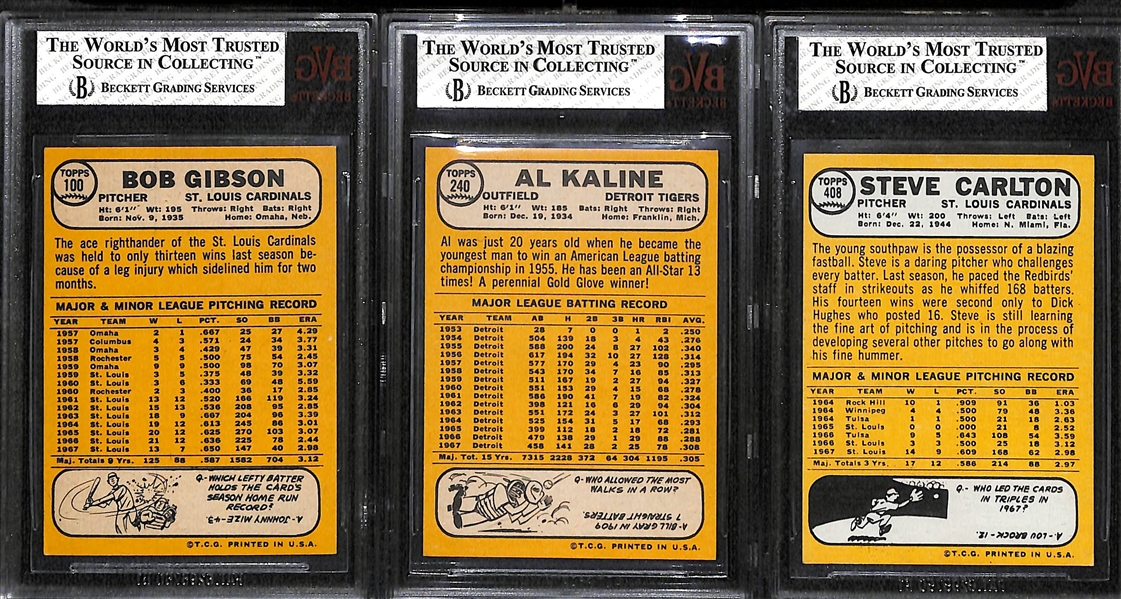(3) 1968 Topps Graded Cards - 1968 Bob Gibson BVG 7, 1968 Al Kaline BVG 7, 1968 Steve Carlton BVG 6