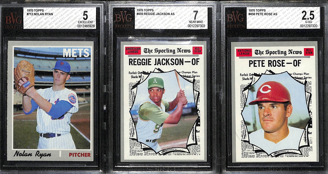 (3) 1970 Topps Graded Cards - Nolan Ryan BVG 5, Reggie Jackson All-Star BVG 7, Pete Rose All-Star BVG 2.5