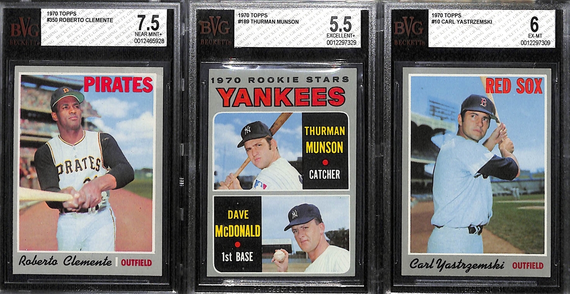 (3) 1970 Topps Graded Cards - Roberto Clemente BVG 7.5, Thurman Munson Rookie BVG 5.5, Carl Yastrzeski BVG 6