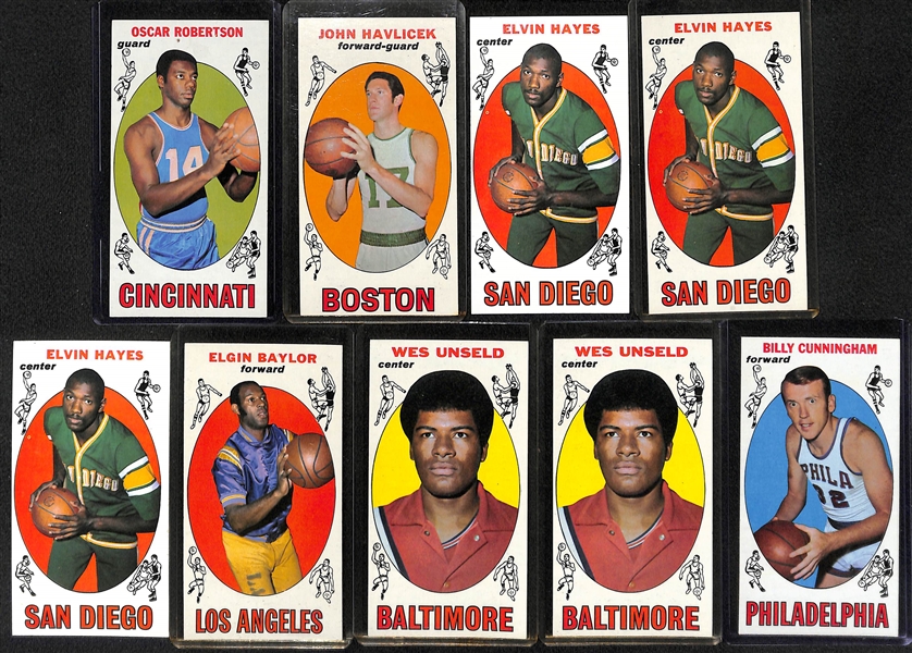 Lot of (9) 1969-70 Topps Basketball Cards w. O. Robertson, Havlicek, 3 Hayes, Baylor, 2 Unseld, Cunningham