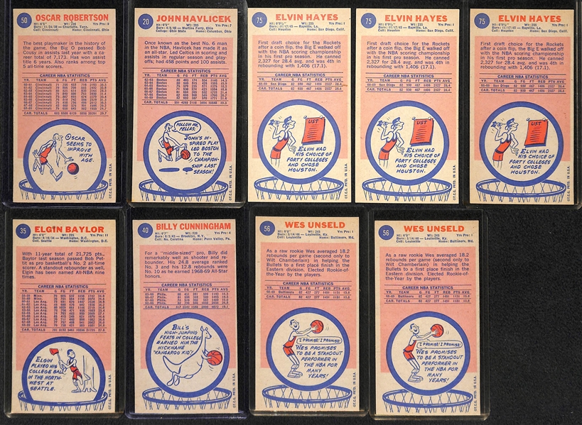Lot of (9) 1969-70 Topps Basketball Cards w. O. Robertson, Havlicek, 3 Hayes, Baylor, 2 Unseld, Cunningham