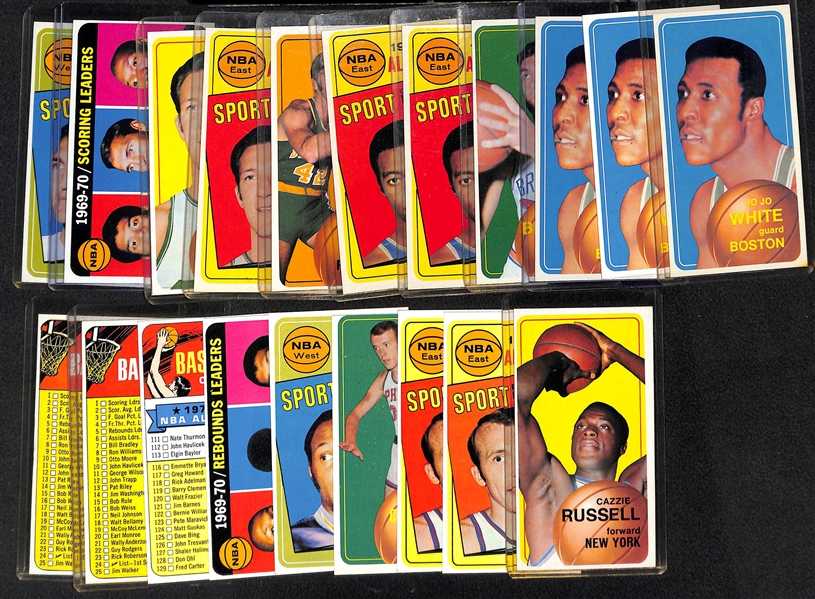Lot of (20) 1969-70 Topps Basketball Cards w. Jerry West, Havlicek, Riley, Robertson, Bradley, 3 Jo Jo White, 3 Checklist Cards, Scoring Leaders #1. +