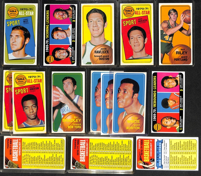 Lot of (20) 1969-70 Topps Basketball Cards w. Jerry West, Havlicek, Riley, Robertson, Bradley, 3 Jo Jo White, 3 Checklist Cards, Scoring Leaders #1. +
