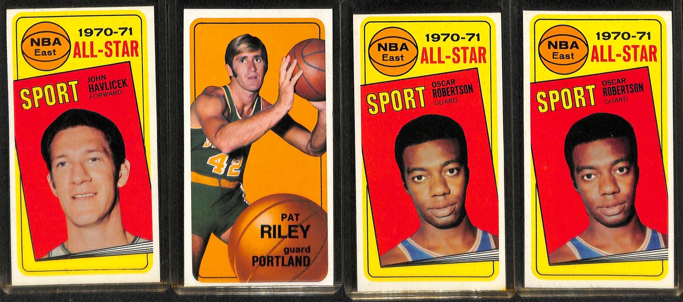Lot of (20) 1969-70 Topps Basketball Cards w. Jerry West, Havlicek, Riley, Robertson, Bradley, 3 Jo Jo White, 3 Checklist Cards, Scoring Leaders #1. +