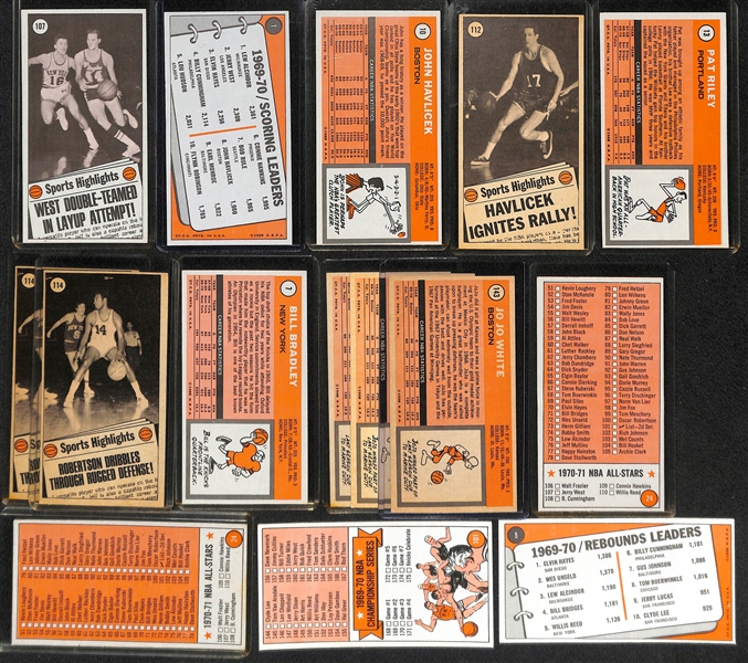 Lot of (20) 1969-70 Topps Basketball Cards w. Jerry West, Havlicek, Riley, Robertson, Bradley, 3 Jo Jo White, 3 Checklist Cards, Scoring Leaders #1. +