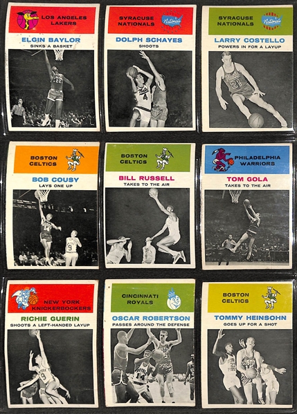1961 Fleer Basketball Partial Set (44 of 66 Cards) w. Russell, Russell IA, Chamberlain IA, West, West IA, Baylor, Cousy, KC Jones, Greer, Heinsohn, Robertson IA, Baylor IA, Cousy IA, +