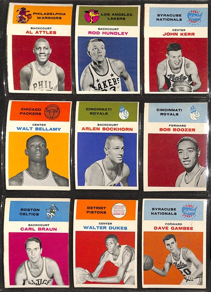 1961 Fleer Basketball Partial Set (44 of 66 Cards) w. Russell, Russell IA, Chamberlain IA, West, West IA, Baylor, Cousy, KC Jones, Greer, Heinsohn, Robertson IA, Baylor IA, Cousy IA, +