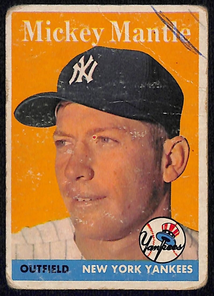 Low-Grade Vintage Card Lot w. 1958 Mantle (Ink Mark), (3) 1961 Roger Maris Cards, 1956 Whitey Ford (Creased)