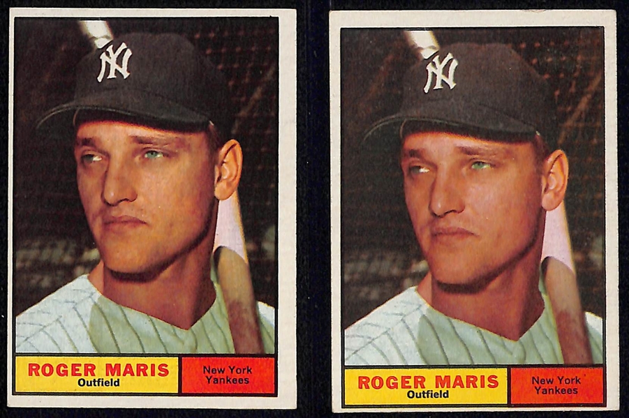 Low-Grade Vintage Card Lot w. 1958 Mantle (Ink Mark), (3) 1961 Roger Maris Cards, 1956 Whitey Ford (Creased)
