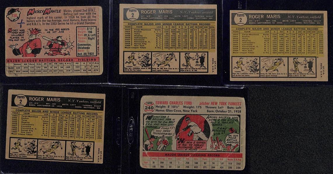 Low-Grade Vintage Card Lot w. 1958 Mantle (Ink Mark), (3) 1961 Roger Maris Cards, 1956 Whitey Ford (Creased)