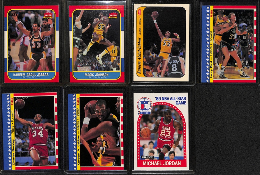 (7) Basketball Cards w. 1986 Fleer (Abdul-Jabbar, Magic Johnson, Abdul Jabbar Sticker), 1987 Fleer Stickers (Bird, Barkley, Abdul-Jabbar), & 1989 Hoops M. Jordan All-Star