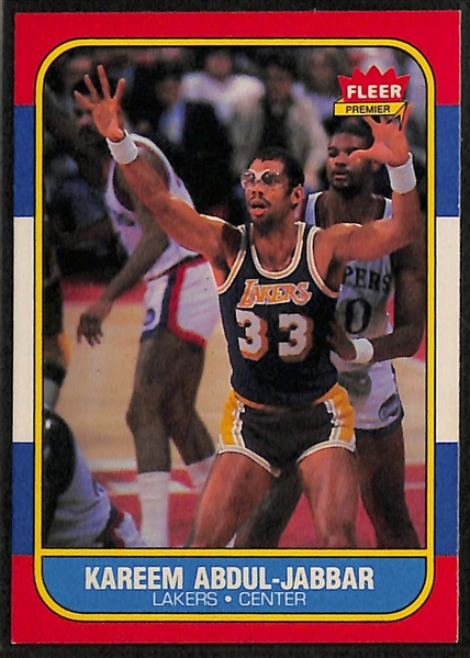 (7) Basketball Cards w. 1986 Fleer (Abdul-Jabbar, Magic Johnson, Abdul Jabbar Sticker), 1987 Fleer Stickers (Bird, Barkley, Abdul-Jabbar), & 1989 Hoops M. Jordan All-Star