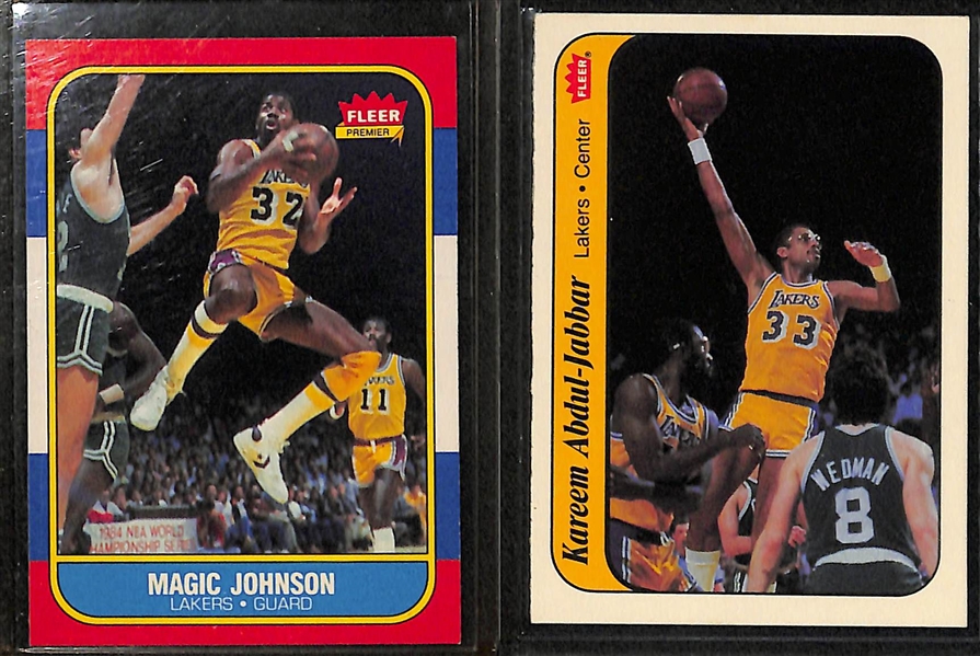(7) Basketball Cards w. 1986 Fleer (Abdul-Jabbar, Magic Johnson, Abdul Jabbar Sticker), 1987 Fleer Stickers (Bird, Barkley, Abdul-Jabbar), & 1989 Hoops M. Jordan All-Star