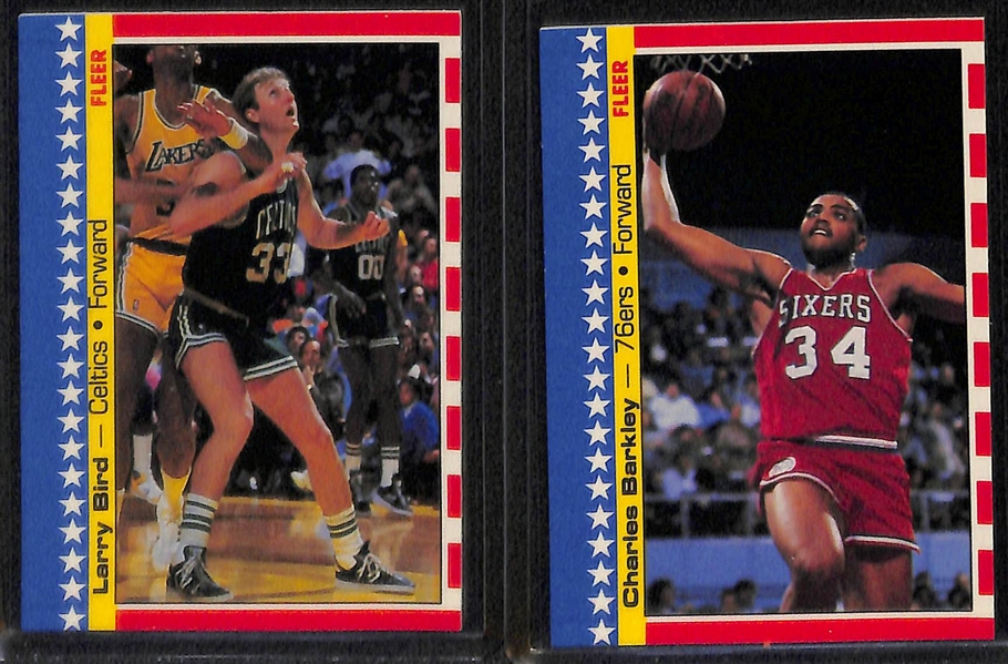 (7) Basketball Cards w. 1986 Fleer (Abdul-Jabbar, Magic Johnson, Abdul Jabbar Sticker), 1987 Fleer Stickers (Bird, Barkley, Abdul-Jabbar), & 1989 Hoops M. Jordan All-Star