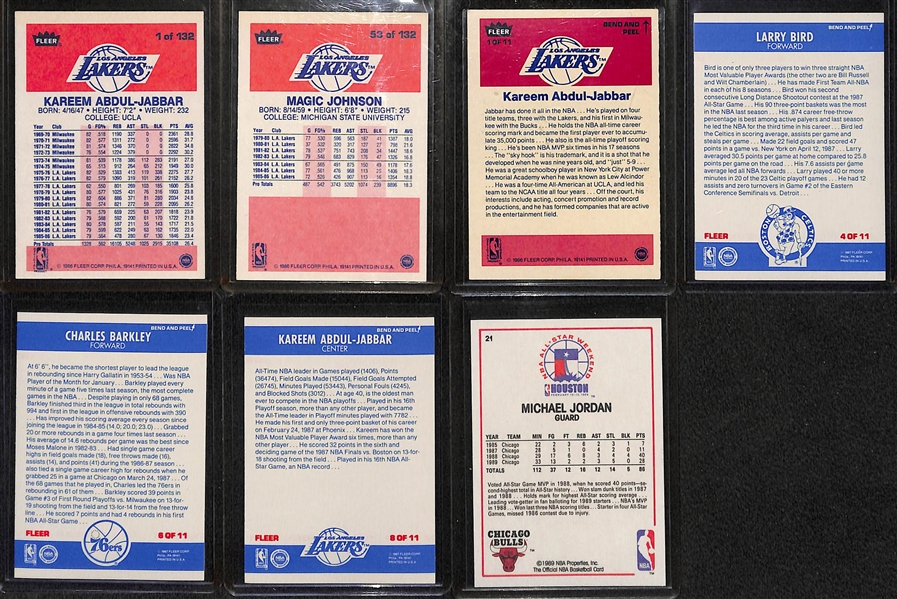 (7) Basketball Cards w. 1986 Fleer (Abdul-Jabbar, Magic Johnson, Abdul Jabbar Sticker), 1987 Fleer Stickers (Bird, Barkley, Abdul-Jabbar), & 1989 Hoops M. Jordan All-Star