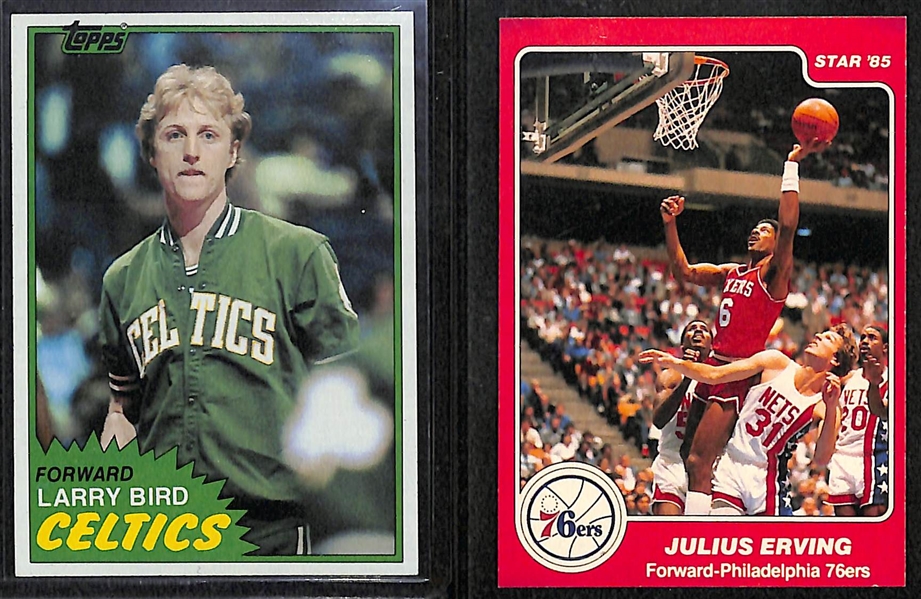 1981 Topps Larry Bird (#4) and 1985 Star Julius Erving (#204)