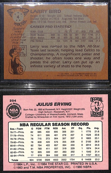 1981 Topps Larry Bird (#4) and 1985 Star Julius Erving (#204)