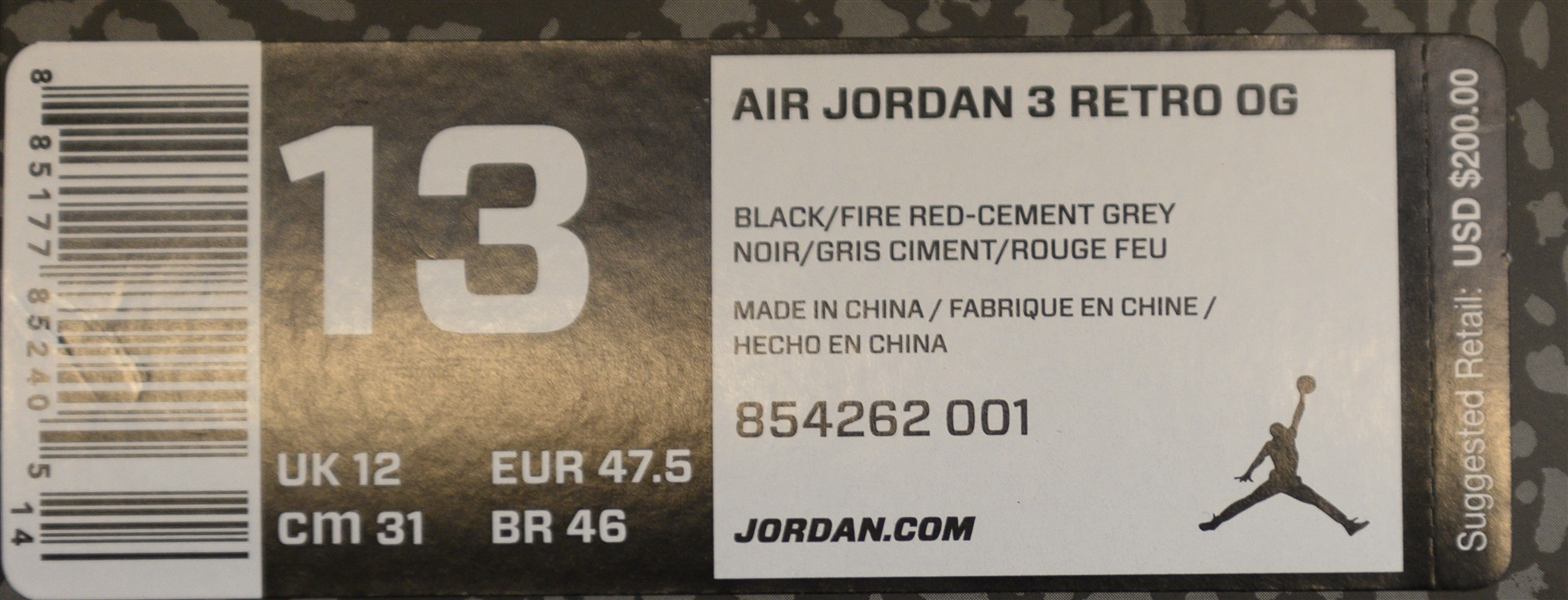 2018 Nike Air Jordan 3 Retro OG Black Cement - Size 13 (Jordan's Actual Size)