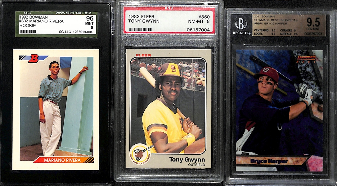 Rookie Lot - 1992 Bowman Mariano Rivera SGC 9, 1983 Fleer Tony Gwynn PSA 8, 2011 Bowman's Best Prospects Bryce Harper BGS 9.5