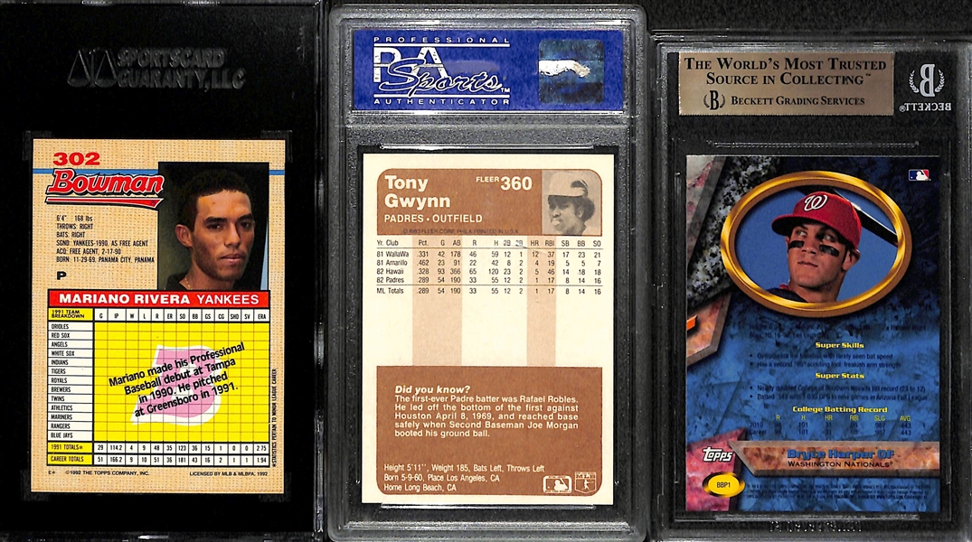 Rookie Lot - 1992 Bowman Mariano Rivera SGC 9, 1983 Fleer Tony Gwynn PSA 8, 2011 Bowman's Best Prospects Bryce Harper BGS 9.5
