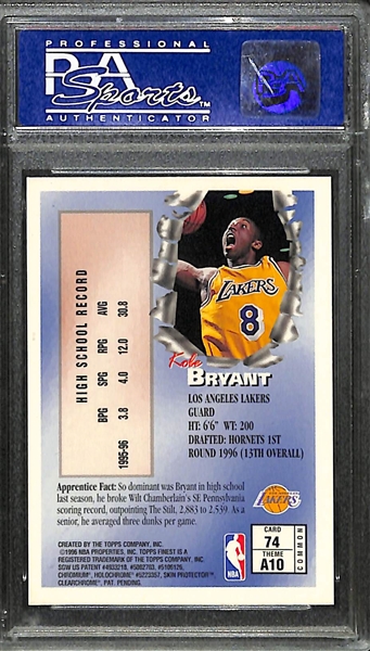 1996-97 Topps Finest Kobe Bryant Rookie Card (w. Coating) #74 Graded PSA 9 Mint