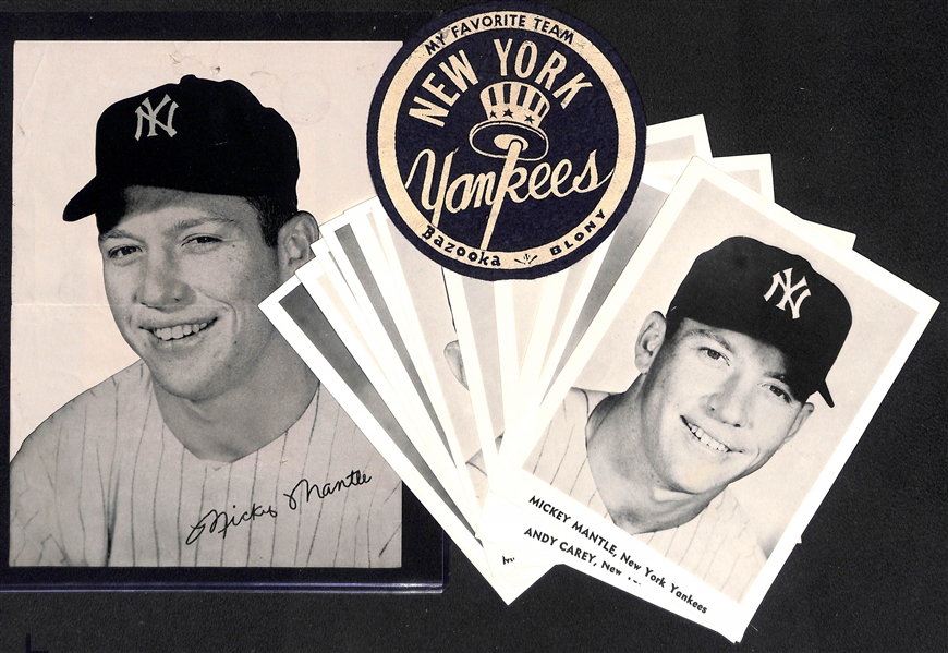 1956 Yankees 12-Photo Team Pack, 1957 Mickey Mantle Insert Photo From the Mickey Mantle Board Game, & 1959 Bazooka Blony NY Yankees Felt Patch