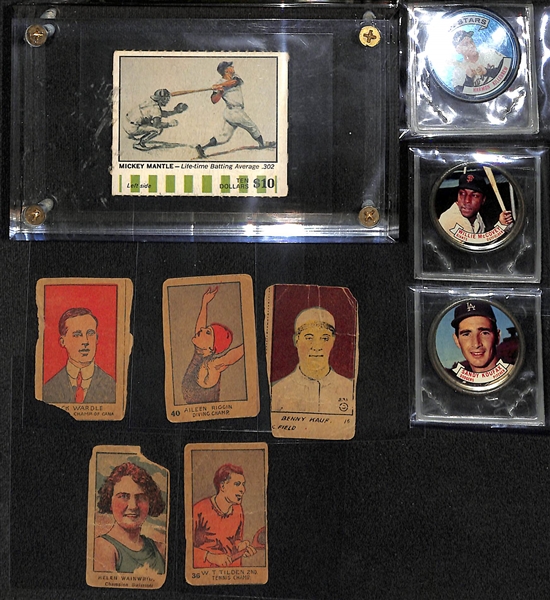 1968 Mickey Mantle American Oil Coupon Card w. (3) 1964 Topps Coins and (5) 1920s Strip Cards