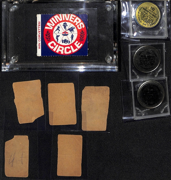 1968 Mickey Mantle American Oil Coupon Card w. (3) 1964 Topps Coins and (5) 1920s Strip Cards