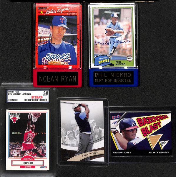 (5) Card Lot w. Nolan Ryan & Phil Niekro Signed Cards, 1990 Fleer Michael Jordan Pro 9.5 Mint+, 2013 Tiger Woods, Andruw Jones Bat Relic