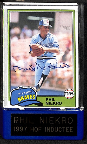 (5) Card Lot w. Nolan Ryan & Phil Niekro Signed Cards, 1990 Fleer Michael Jordan Pro 9.5 Mint+, 2013 Tiger Woods, Andruw Jones Bat Relic