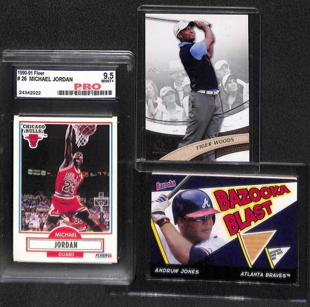 (5) Card Lot w. Nolan Ryan & Phil Niekro Signed Cards, 1990 Fleer Michael Jordan Pro 9.5 Mint+, 2013 Tiger Woods, Andruw Jones Bat Relic