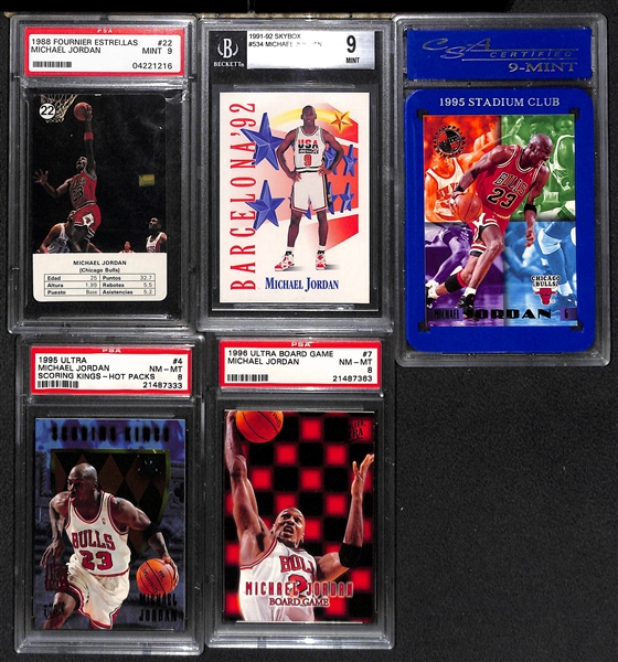 (5) Graded Michael Jordan Cards w. 1988 Fournier PSA 9, 1991 Skybox USA BGS 9, 1995 Stadium Club CSA 9, 1995 Ultra Scoring Kings Hot Packs PSA 8, 1998 Ultra Board Game PSA 8