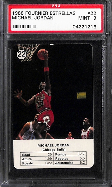 (5) Graded Michael Jordan Cards w. 1988 Fournier PSA 9, 1991 Skybox USA BGS 9, 1995 Stadium Club CSA 9, 1995 Ultra Scoring Kings Hot Packs PSA 8, 1998 Ultra Board Game PSA 8