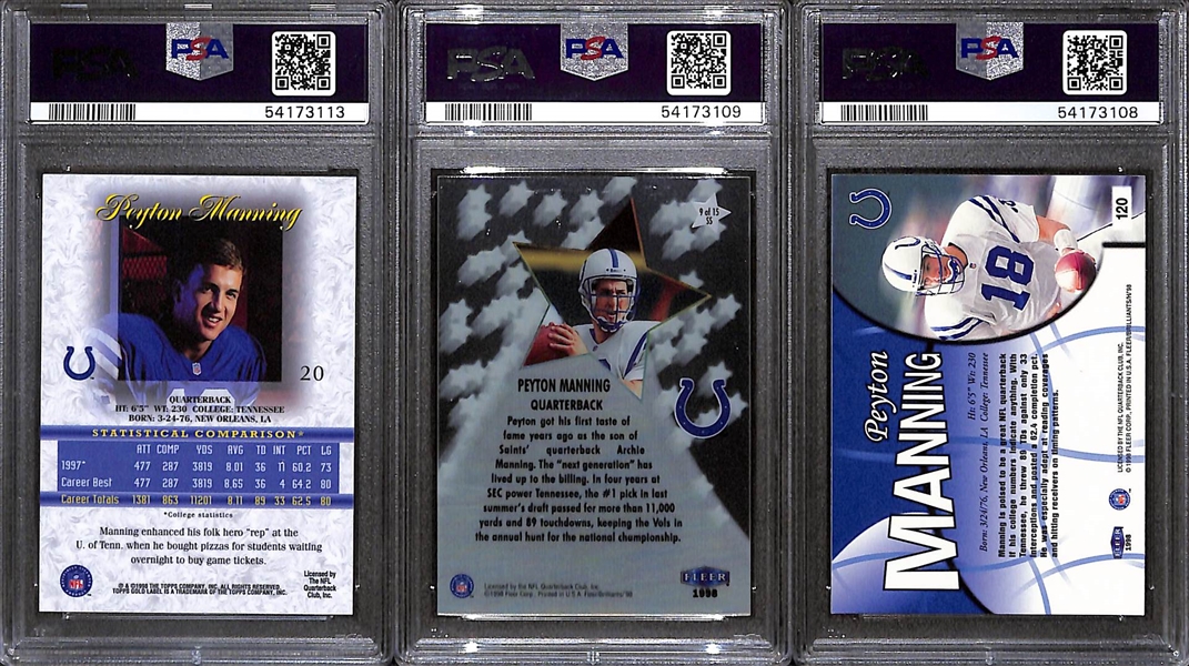 1998 Peyton Manning Rookie Lot - Brilliants #120 PSA 9, Brilliants Shining Stars PSA 7, Gold Label Class 2 PSA 8