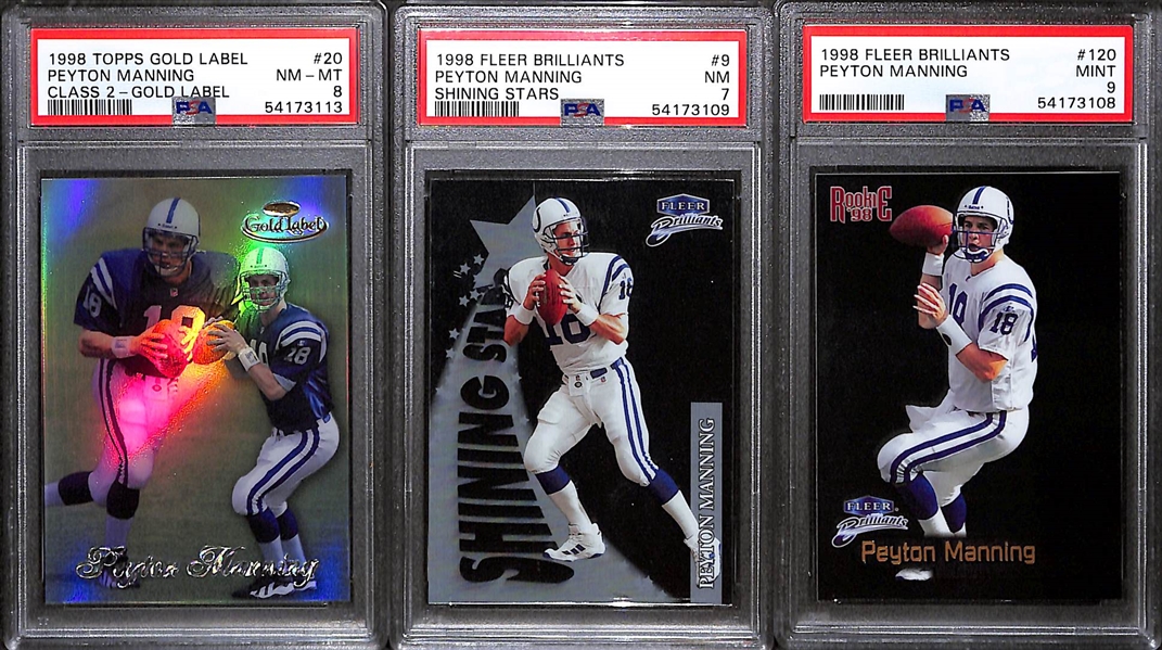 1998 Peyton Manning Rookie Lot - Brilliants #120 PSA 9, Brilliants Shining Stars PSA 7, Gold Label Class 2 PSA 8
