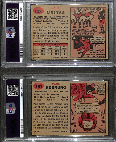 1957 Topps Johnny Unitas Rookie #138 (PSA 2) and Paul Hornung Rookie #151 (PSA 1) - Two Football HOF Rookie Cards!