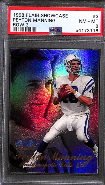 Lot of (3) Football Graded Cards - 1989 Score Barry Sanders, 1998 Flair Peyton Manning Rookie 1996 Atomic Refractor w. Dan Marino & Steve Young