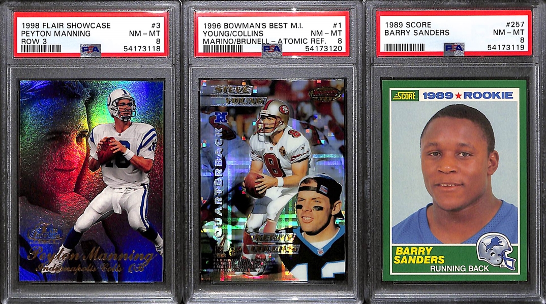 Lot of (3) Football Graded Cards - 1989 Score Barry Sanders, 1998 Flair Peyton Manning Rookie 1996 Atomic Refractor w. Dan Marino & Steve Young