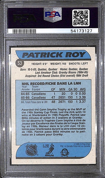 1986 O-Pee-Chee Patrick Roy #53 Rookie Card Graded PSA 8