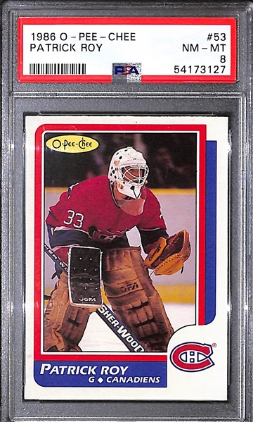 1986 O-Pee-Chee Patrick Roy #53 Rookie Card Graded PSA 8