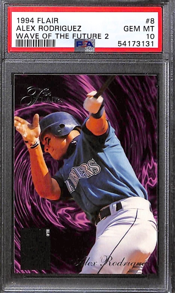Lot of (2) 1994 Alex Rodriguez Rookie Cards - Flair Wave of the Future PSA 10 & SP Holoview Blue PSA 8