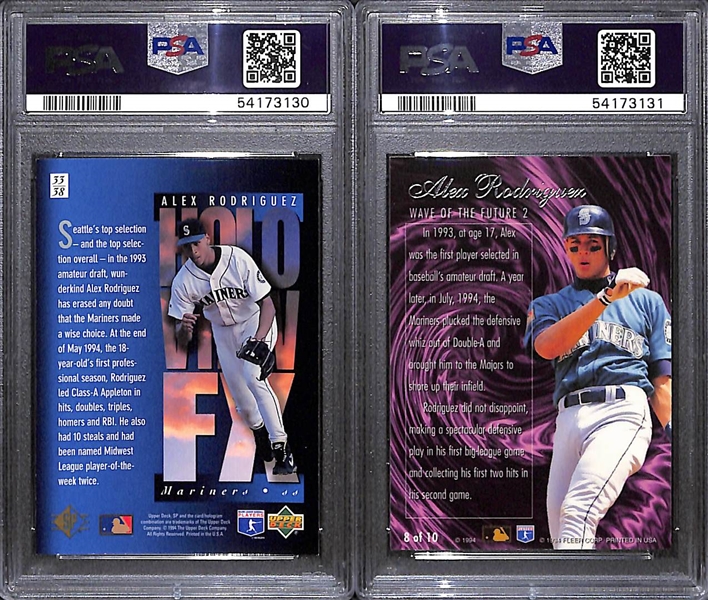 Lot of (2) 1994 Alex Rodriguez Rookie Cards - Flair Wave of the Future PSA 10 & SP Holoview Blue PSA 8