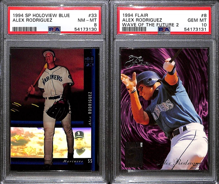 Lot of (2) 1994 Alex Rodriguez Rookie Cards - Flair Wave of the Future PSA 10 & SP Holoview Blue PSA 8